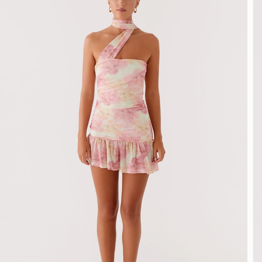 Floral Watercolor Strapless Mini Dress - Pink & Cream
